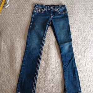 True Religion Girls Julie Blue Jeans Size 8 Thick Stitch Pink Accent - Picture 1 of 18