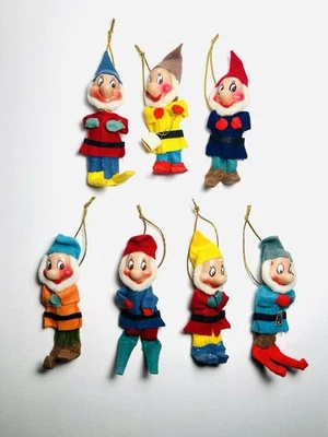 Vintage  Snow White 7 Dwarves Felt Pixie Elfs - Christmas Ornaments Gnomes - Image 1 of 3