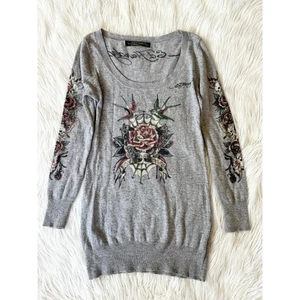 Ed Hardy Vintage Y2K Sweater by Christian Audigier Flower Skull Tattoo, Size L - Picture 1 of 13