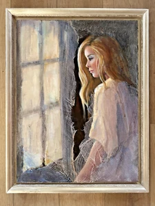 Mujer mirando por la ventana 27 x 21 medios mixtos (impresión artística y malla) enmarcados - Imagen 1 de 16