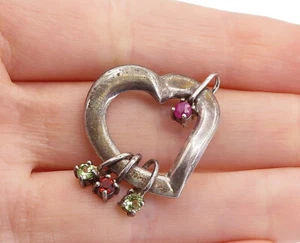 LENOX 925 Sterling Silver - Vintage Peridot & Pink Topaz Heart Pendant - PT4895 - Picture 1 of 5
