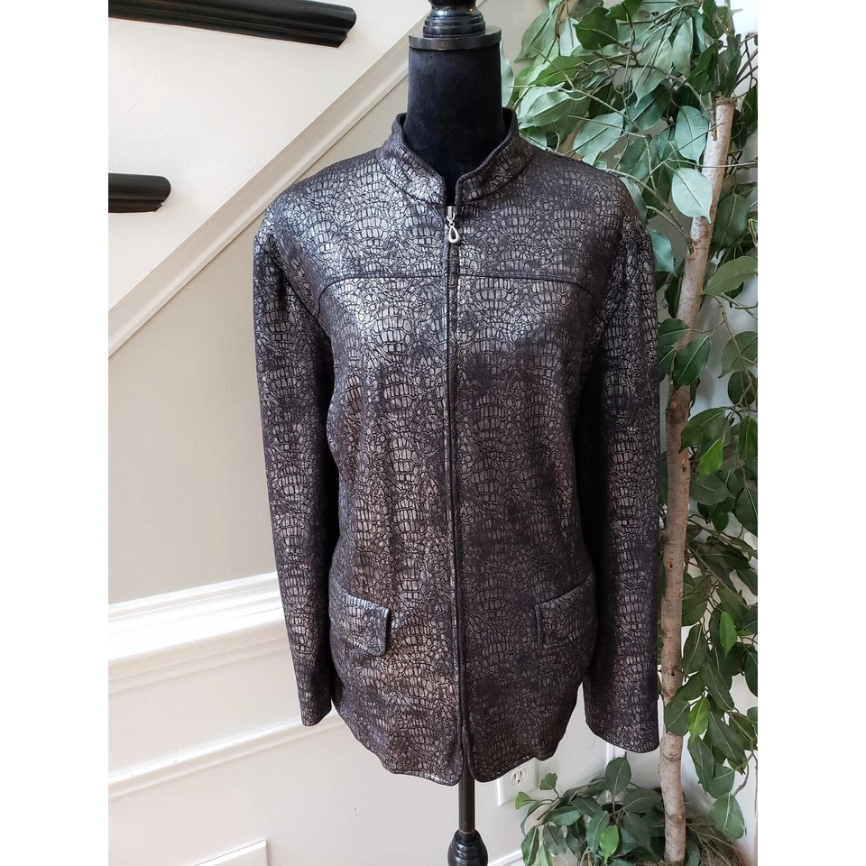 Alfred Dunner Womens Jacket Size Plus 18W Silver Black Reptile Snake Zip Front - Image 1 of 4