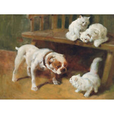 Heyer Bulldog Dog White Cats Painting Canvas Art Print Poster
