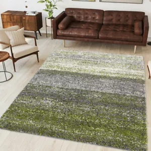 Dark Green Striped Rug Flecked Shaggy Runners Rugs Non Shed Living Room Rug - Picture 1 of 8