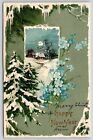 Holiday~Happy New Year~Forget Me Nots~Moonlight Country Scene Inset~Vintage Udb