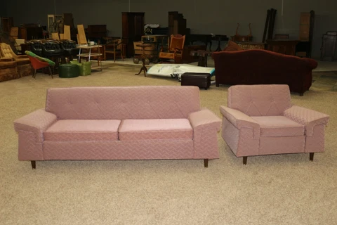 Rare Large MCM Vintage 1957 Kroehler Atomic Pink Sofa Couch & Chair Set NICE Cover