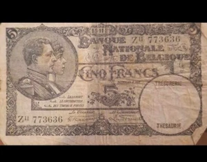 1929 - National Bank of Belgium - 5 Francs Banknote - Extremely Rare - Picture 1 of 2