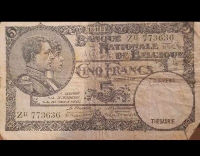 1929 - National Bank of Belgium - 5 Francs Banknote - Extremely Rare - Image 1 of 2