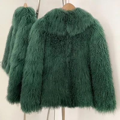 Abrigo de lana de solapa largo rizado piel de cordero mongol genuino piel de oveja chaquetas para mujer  Foto 1 de 4