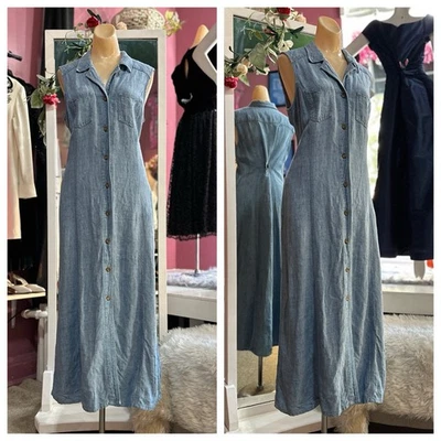 Vintage 90s Linen Maxi Dress Sleeveless Button Down Minimalist Light Wash M/L - Image 1 of 4