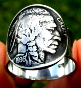 1936 authentic Buffalo Indian Nickel coin signet ring sterling silver 12 size - Picture 1 of 7