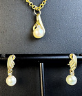 14K Gold with Pearl Topaz Diamonds Earrings & Pendant Necklace
