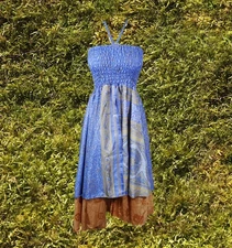 Womens Boho Summer Dress, Blue Handkerchief Hem Printed Recycled Silk Halter S/M
