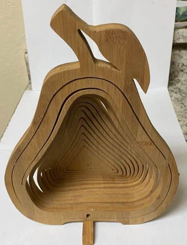 CARVED WOOD COLLAPSIBLE POP UP PEAR SHAPED FRUIT BOWL BASKET / TRIVET FOLDS FLAT Cover