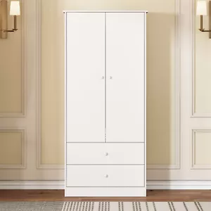 Kleiderschrank mit Stange 2 Schubladen Garderobenschrank Flurgarderobe Weiß - Bild 1 von 12