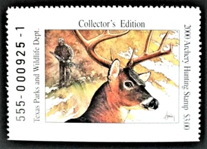 2000 Texas Archery Hunting Stamp, Collector's Edition, Mint NH, $$$ @ Face $$$ - Picture 1 of 2