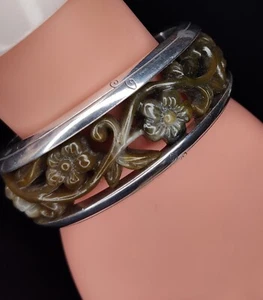 Brighton Bloc Party Resin Floral Inlay Bangle Bracelet vintage Silverplate 7” - Picture 1 of 8