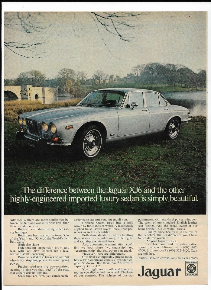 Silver JAGUAR XJ6 Automobile 1973 Print Ad ~ Difference is simply beautiful. - Изображение 1 из 1