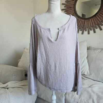 Free People M Purple Waffle Knit Notch Neck Pullover Top Bell Sleeves Boho - Image 1 of 4