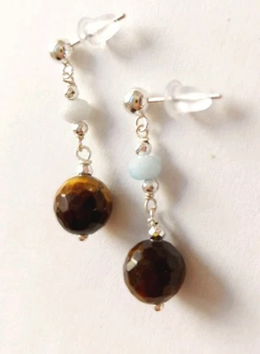 Orecchini pendenti in argento 925 con occhio di tigre, acquamarina ed ematite  - Immagine 1 di 4