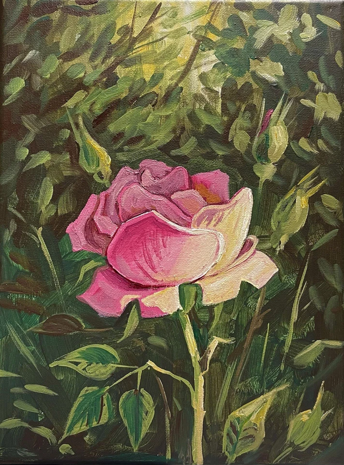 ORIGINAL PAINTING Ryta Flowers Garden Art Floral Pink Roses Decor Canvas Autumn - Image 1 of 1