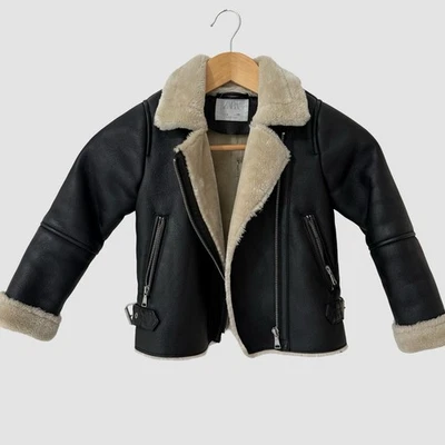 Zara Kids Black Zip Up Faux Leather fur Lined Jacket SZ 6 - Image 1 of 3