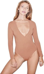 American Apparel Women's Cotton Spandex Long Sleeve Cross V Bodysuit - Picture 1 of 28