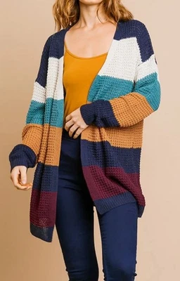 Umgee Cardigan Womens Size Medium Colorblock Stripe Open Front Knit Long Sleeve - Image 1 of 4