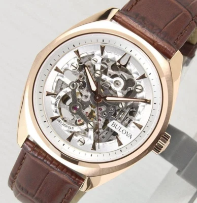 Bulova Surveyor Automatic Rose Gold Case Brown Leather Band Watch 97A175 - Image 1 of 4