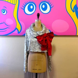OMO Norma Kamali Silver Sequin Jacket Red Bow - Picture 1 of 11