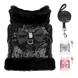 Fancy Sequins Dog Harness and Lead Leash Soft Padded Warm Fleece Puppy Cat Vest - Picture 1 of 28