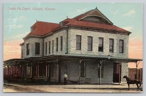 Kansas (KS) View Postcard: Santa Fe (Rail Road) Depot, Horse, Ottawa - Picture 1 of 2