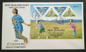 1995 New Zealand Children Health Sports Games Tennis Cricket Cycling MS FDC - Picture 1 of 3