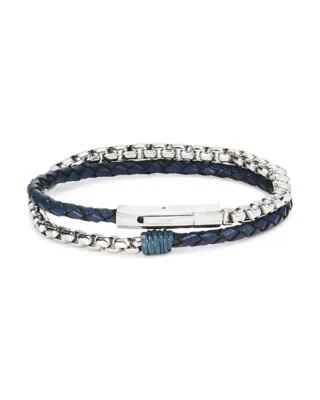Pulsera Jonas Studio Hombres Bowery Eléctrica Cadena de Cuero Trenzado Doble Envoltura Azul Foto 1 de 4