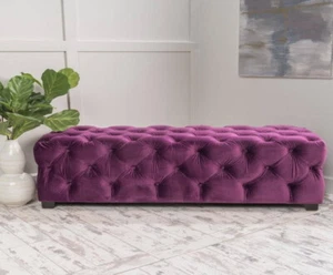 Fuchsia Purple Velvet Tufted Fabric Bench Padded Ottoman Wood Seat Glam Bedroom - Picture 1 of 5