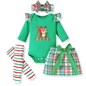 Baby Girl My First Christmas Outfit Long Sleeve Romper Mini Skirt With Leg Wa... - Picture 1 of 7