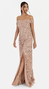 Damen Größe 14 taupe errötet Bardot funkelnde Pailletten Maxikleid ""Maya Deluxe"" brandneu mit Etikett - Bild 1 von 14