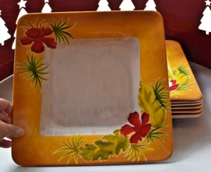 8 ~ LAURIE GATES MELAMINE Hawaiian 11" Dinner Plate Square HIBISCUS Studio Calif - Picture 1 of 6