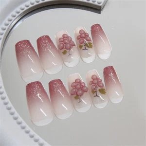 Short Coffin Press-On False Nail Glitter Gradient Summer Grapes Manicure 24pcs - Picture 1 of 6