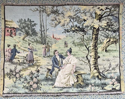 Vintage Tapestry 17.5”x 13.25” French Pastoral Scene with Courting Couple - Image 1 of 4