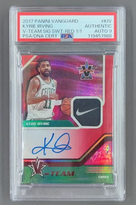 2017-18 Vanguard Kyrie Irving V-Team Swatches Red Nike Tag Patch 1/1 PSA  Auto 9 - Image 1 of 2