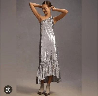 Vestido Anthropologie MAEVE prata lantejoulas um ombro comprimento máximo tamanho XL - Imagem 1 de 4
