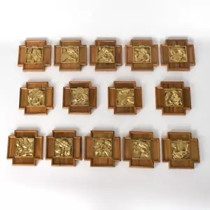 STATIONS OF THE CROSS + SET OF 14 + BRASS WITH WOOD BACK PLATES (#57) - Picture 1 of 19