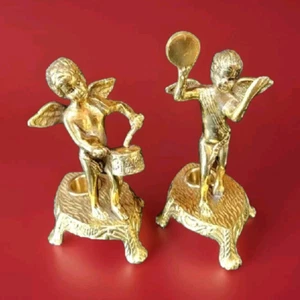 Pair of Vintage Lacquered Brass Cherub Candle Holders Made in India - Picture 1 of 17