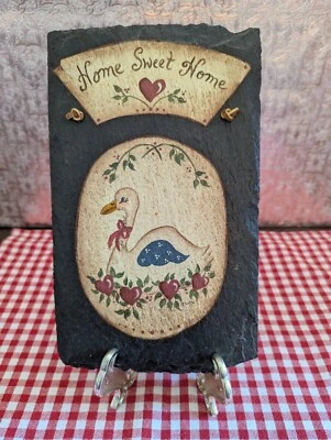 PRIMITIVE VTG/USA Hand Painted SLATE-SLAB Plaque w/"HOME sweet HOME"/pretty Duck - Image 1 of 4