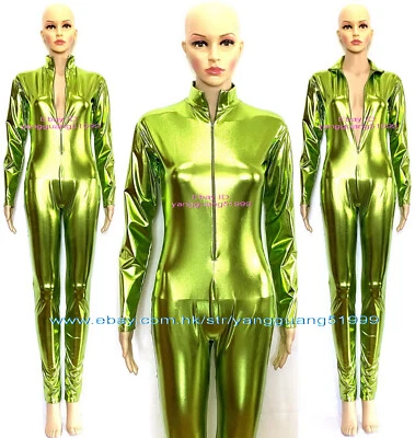 Sexy Grass Green Shiny Metallic Women Catsuit Bodysuit Jumpsuits Costumes F1002 - Image 1 of 3