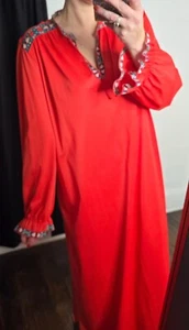 Vintage 70s Red Flowy Kaftan Maxi Dress Bohemian - Picture 1 of 21