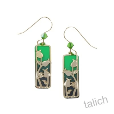Adajio Earrings Green Ombre Rectangle with Shiny Gold Plated Tulips Unique Gift - Image 1 of 4