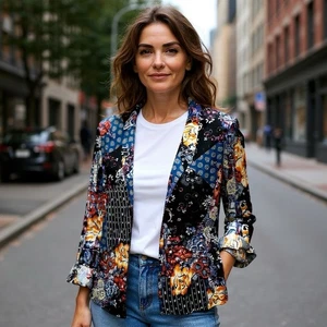 Jaase Patchwork Print Rayon Blazer Jacket Size XS Boho Gypsy Single Button Light - Bild 1 von 9