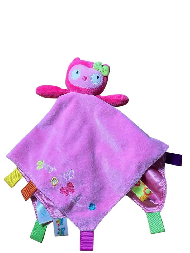 Taggies Hot Rosa Peluche Búho Satinado Lovey Etiquetas Multicolores y Flores Mariposas Foto 1 de 4